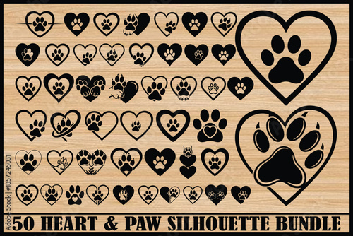 Heart and Paw Silhouette Set for Pet Love and Animal Design