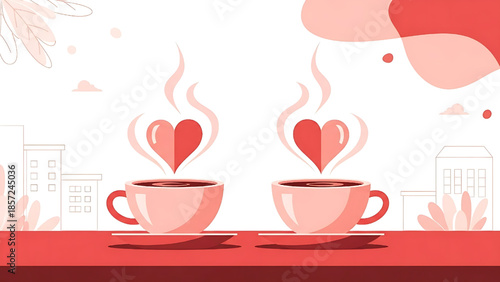 A delightful illustration of two steaming coffee cups with hearts, symbolizing warmth, connection, and romantic love in a charming city setting