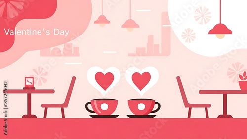 Romantic Valentine's Day cafe scene illustration with two cups of coffee showing steaming hearts, perfect for a special date celebration or heartfelt connection