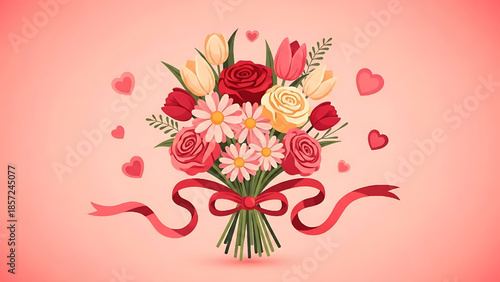 Vibrant illustration of a beautiful floral bouquet featuring colorful roses, tulips, and daisies, adorned with a red ribbon and hearts, symbolizing affection and celebration