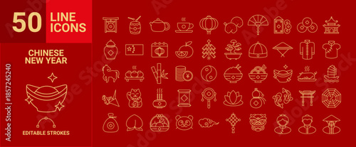 Chinese New Year editable stroke line icon set