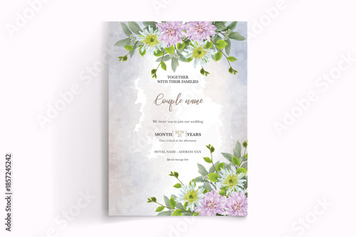 WEDDING INVITATION FRAME WITH FLOWER DECORATIONS AND FRESH LEAVES