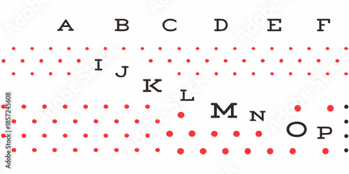 Red dots forming letters and a dotted pattern on a white background