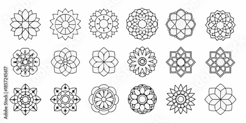 Collection of intricate geometric floral patterns and circular designs in black and white
