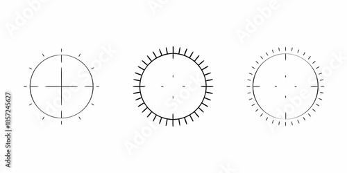 Three circular diagrams with varying levels of detail and central crosshairs