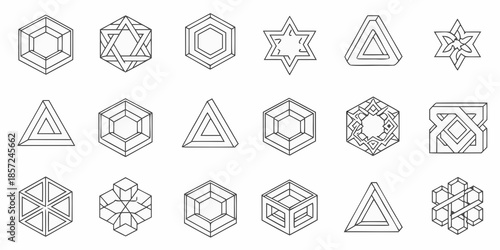 Collection of geometric shapes cubes stars triangles and complex line drawings