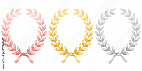 Three laurel wreaths in gold silver and bronze representing victory