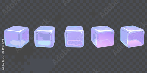 A row of five translucent ice cubes with subtle color gradients