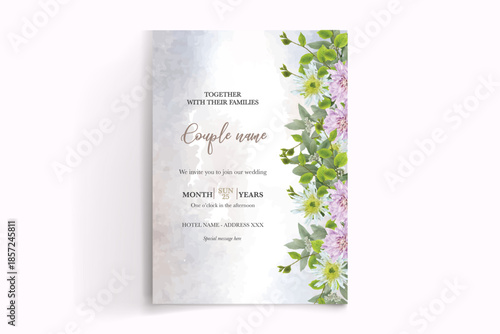 WEDDING INVITATION FRAME WITH FLOWER DECORATIONS AND FRESH LEAVES