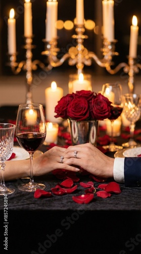 romantic Valentine’s Day couple celebration Couple Holding Hands during a Romantic Candlelight Dinner for an Anniversary or Engagement