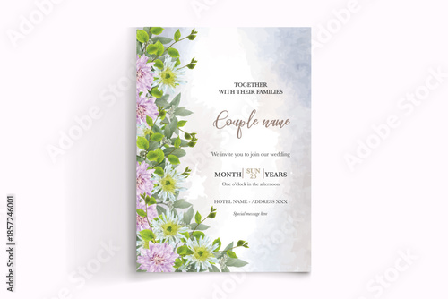 WEDDING INVITATION FRAME WITH FLOWER DECORATIONS AND FRESH LEAVES