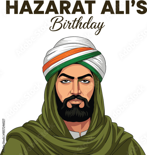 Hazrat Ali's Birthday commemorative vector featuring a religious portrait with striped white turban and elegant festive brown typography.