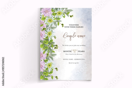 WEDDING INVITATION FRAME WITH FLOWER DECORATIONS AND FRESH LEAVES