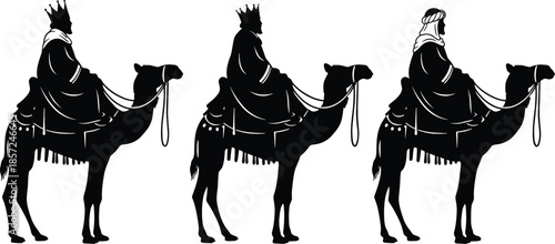 Three Kings silhouette vector set featuring the biblical Magi riding camels in traditional royal robes and desert headwear.