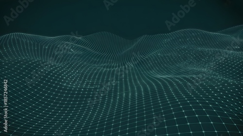 Teal colored digital landscape with pixelated terrain and grid pattern