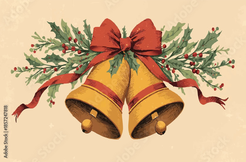 Festive Christmas bells with red ribbon and holly on a bright red holiday background