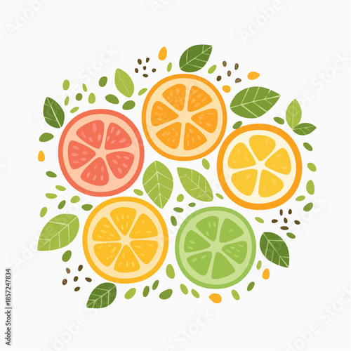 Vibrant assortment of fresh citrus fruit slices, including orange, lemon, lime, and grapefruit, artfully arranged with green leaves and seeds for a healthy, refreshing design