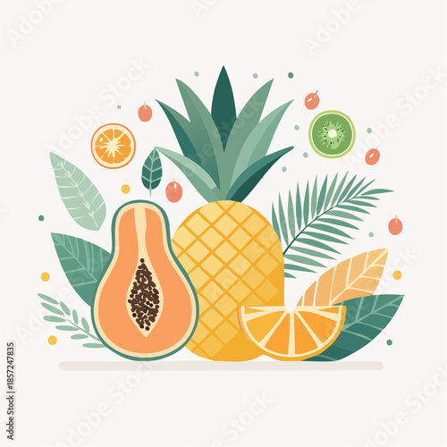 Colorful tropical fruit illustration featuring pineapple, papaya, orange, and kiwi with green leaves, symbolizing healthy eating, summer freshness, and exotic natural bounty