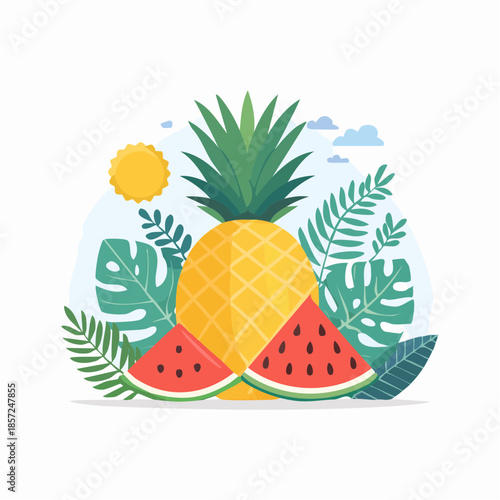 Vibrant tropical fruits, a juicy pineapple and refreshing watermelon slices, surrounded by lush green foliage and a bright sun, evoking a sense of summer and exoticism