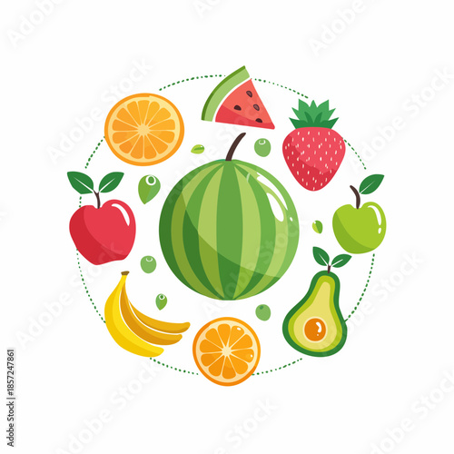 A vibrant circle of fresh, healthy fruits including watermelon, avocado, strawberry, banana, apple, and orange slices, representing a balanced diet and natural goodness