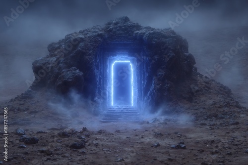 Mystical Portal Glowing Blue Entrance in Stone Structure with Foggy Landscape.