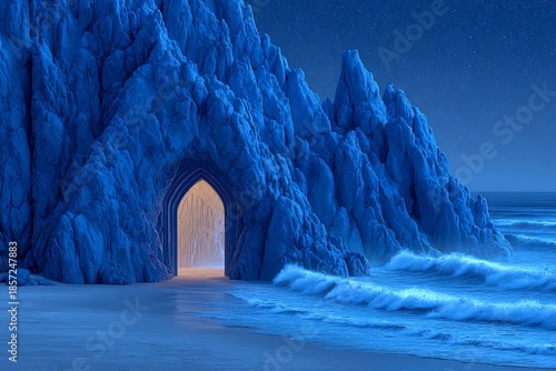 Mystical Sea Cave Entrance Stunning Coastal Landscape at Night with Starry Sky.