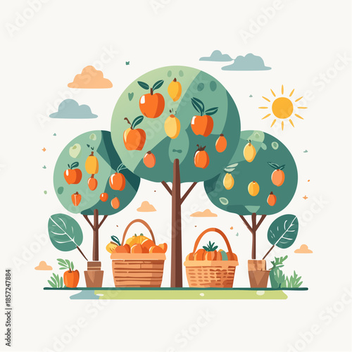 Whimsical illustration of a bountiful orchard with ripe apples and oranges in woven baskets, under a bright sun and fluffy clouds