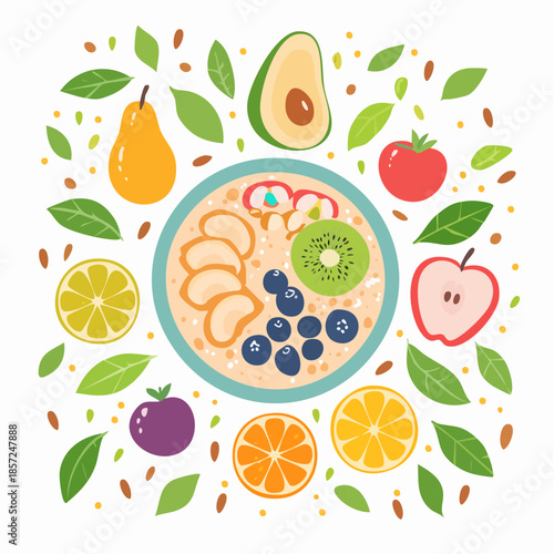 Colorful illustration of a healthy breakfast bowl with fresh fruits and vibrant produce, promoting nutritious eating and a wholesome lifestyle