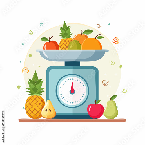 Healthy Eating and Balanced Diet Concept with Fresh Fruits on a Kitchen Scale