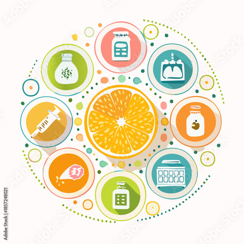 Vibrant circular composition illustrating the synergy between natural wellness from citrus nutrition and essential modern medical treatments and pharmaceutical health support