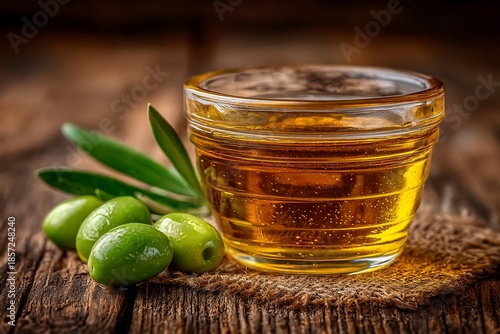 Olive oil in glass bowl with olives and leaves on rustic wooden table.