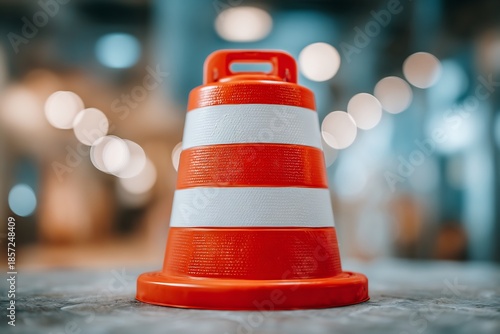 Orange  White Construction Cone on a Blurred Background with Bokeh Lights.