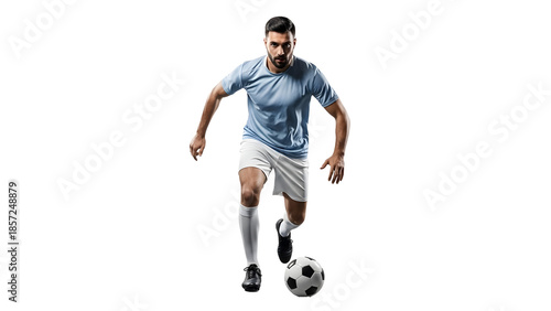 A soccer player in a blue jersey dribbling a ball on a white background on transparent background