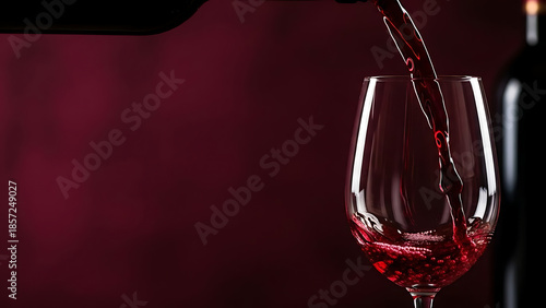 Red wine being poured from a dark bottle into a clear glass against a deep red background.