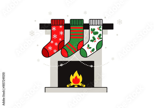 Three festive Christmas stockings, red, green, and white, hanging above a cozy fireplace with a burning fire.