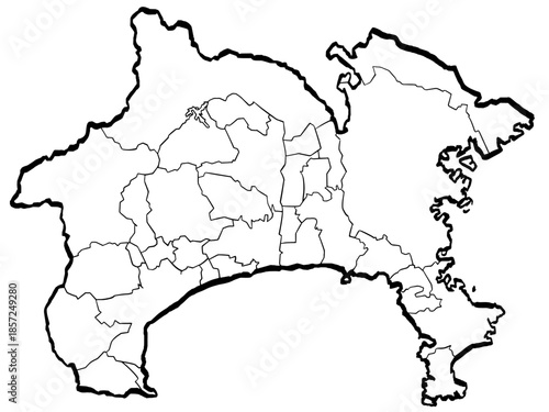 神奈川県地図 筆タッチ 市町村区分 和風 関東 東日本 / A brushstroke map of Kanagawa Prefecture 2