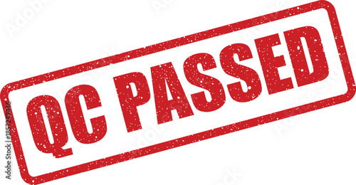 Distressed red grunge rubber stamp text displaying QC PASSED, indicating successful quality control completion