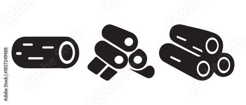 Simple icons representing logs, wood piles, and lumber, isolated on white background.