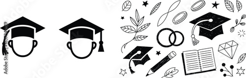 Graduation cap and education icons with books, pencil, stars, and celebratory academic symbols for learning, achievement, ceremony, and school success design projects