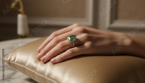 Elegant Emerald Ring on Hand in Luxury Setting - Ideal for Jewelry Promotions, Engagement Announcements & Wedding Photography