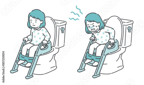 トイレに座る女の子のビフォーアフターイラスト（快便と便秘・トイトレ・比較）