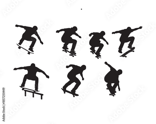 Skateboarder performing various tricks and stunts in silhouette