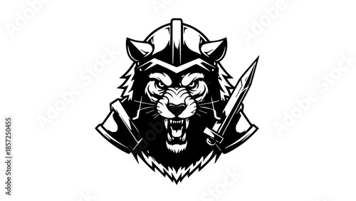A wild wolf head tattoo and scary tiger head vector illustration featuring a tribal lion king crown and horror skull art design as an emblem symbol