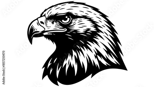 Black silhouette eagle head vector illustration featuring a wild bird beak and feathers for a powerful animal logo or tattoo design
