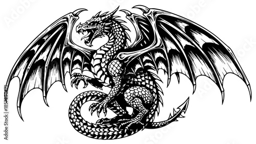 A powerful black tribal dragon tattoo vector illustration features a fantasy monster head silhouette in a vintage Chinese art style, symbolizing Asian fire and power as a decorative logo sign