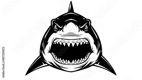 A scary cartoon shark vector illustration featuring an angry fish character with a large open mouth, sharp dental teeth, and a funny monster face design for a fun Halloween icon or symbol