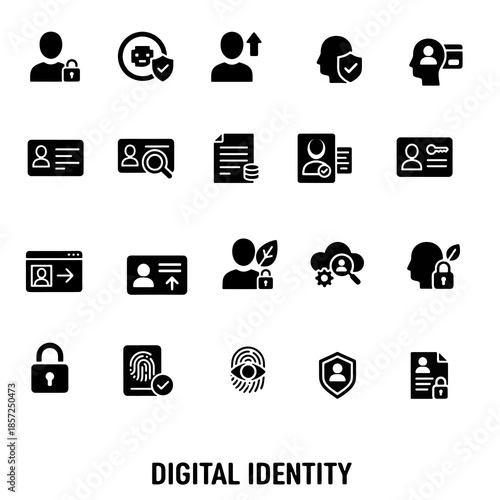 Black digital identity icons for secure profiles, black digital identity icon set, black digital identity icons for account verification UI