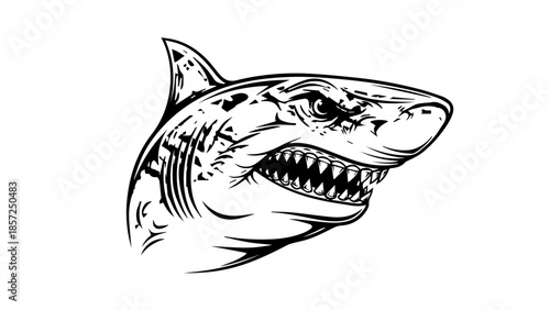Funny cartoon great white shark vector illustration featuring an angry mascot head with an open mouth and sharp teeth for a wild sea animal character design