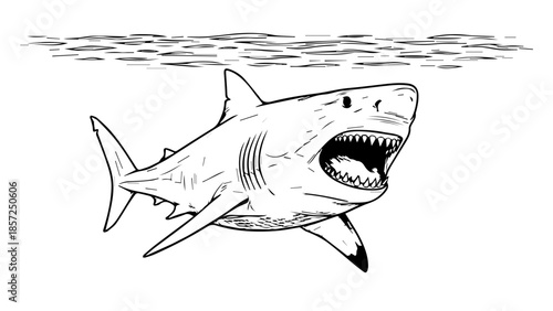 Cartoon illustration of a dangerous blue shark predator with sharp teeth swimming underwater in the ocean sea near a big fish and isolated on a white background vector