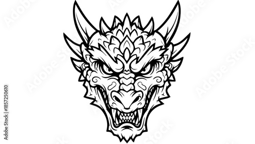 Vector illustration of a black tribal wolf head tattoo design featuring a vintage silhouette emblem and artistic ornament patterns for a motorcycle logo or animal shield symbol